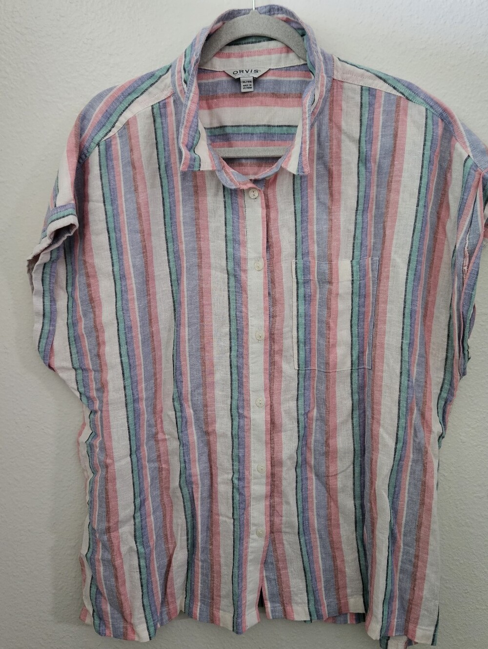Orvis Coastal Grandmother Pastel Rainbow Stripe Linen Blend Short Sleeve XL